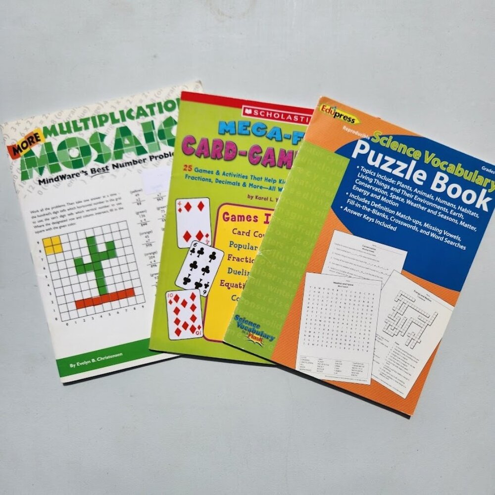 Workbook Activity Book Bundle Lot of 3 Books Multiplication Math Puzzle Card Gam